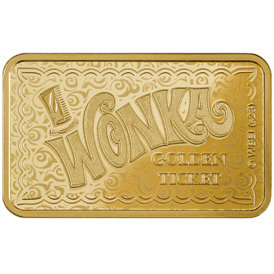 A picture of a 5g Gold Willy Wonka Golden Ticket Bar